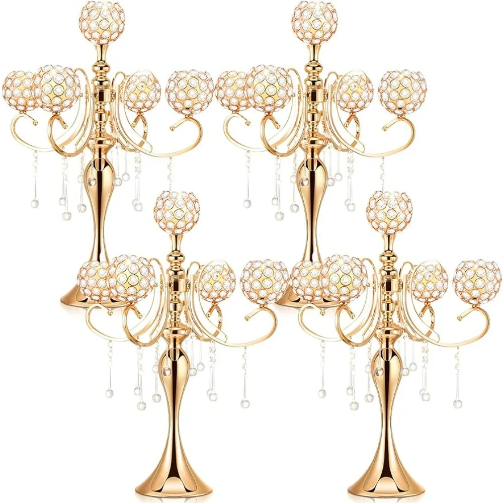 

4 Pcs 25.6” 5 Arm Candle Holder Centerpieces Gold Crystal Centerpieces Crystal Candle Holders Dining Table Center Vase Kerzen