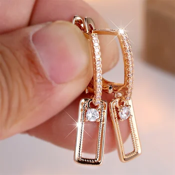 Rectangle Pendant White Zircon Round Stone Hoop Earrings For Women Vintage Gold Color Ear Buckle Wedding Jewelry Birthday Gifts