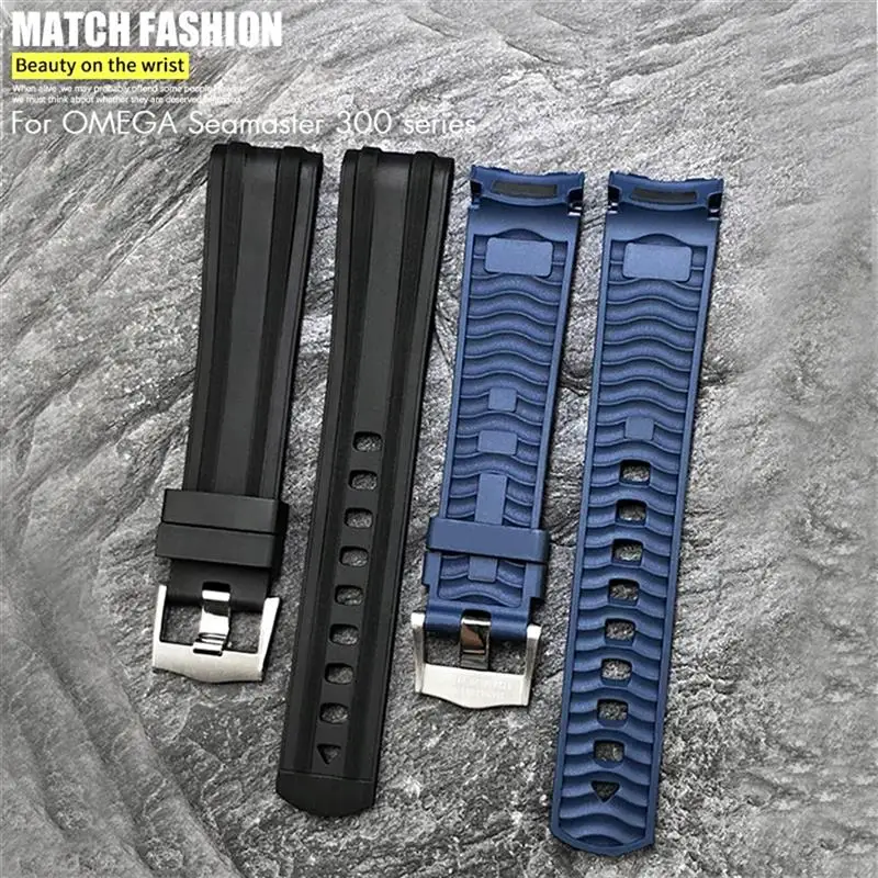 SCHIK 20mm 21mm 19mm Fluorous Silicone Rubber Watchband for Omega New Seamaster Diver 300 Black Blue Soft Watch Strap