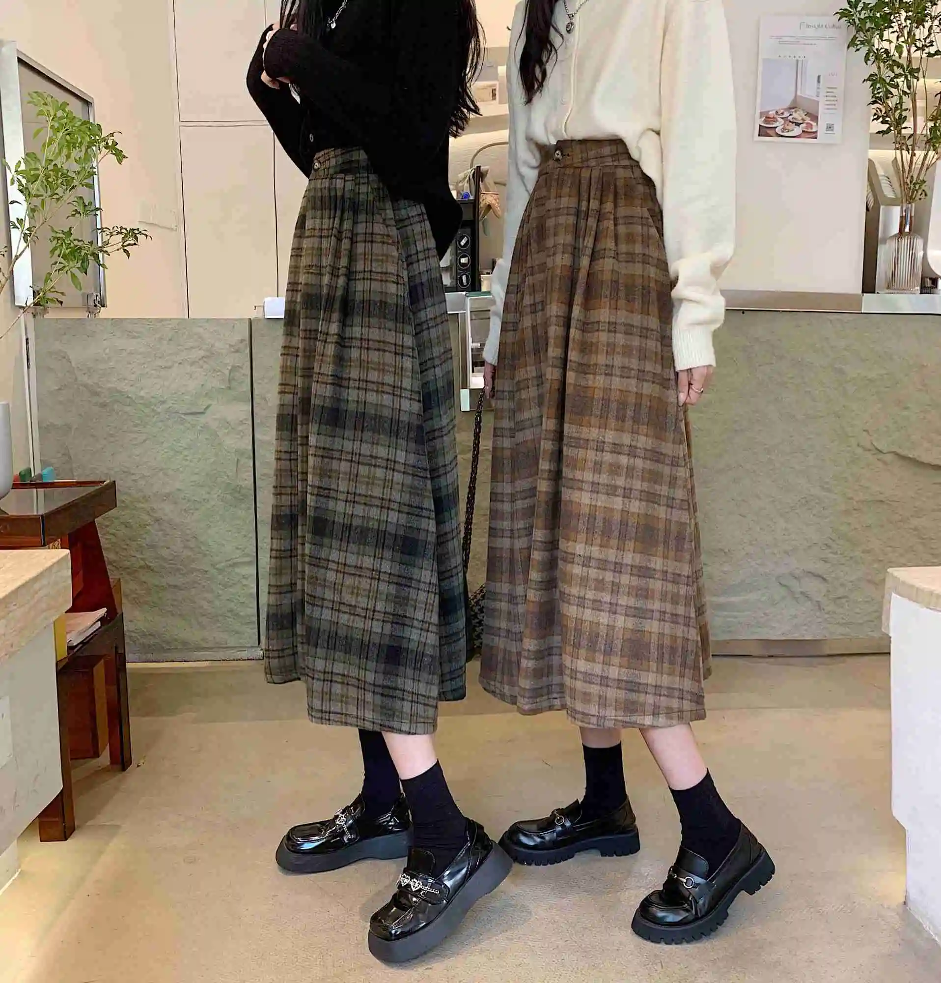 New Skirt Fashion Casual Women Vintage Plaid Elegant Elastic High Waist A-line Office Harajuku Streetwear Midi Skirt 2022 long skirts