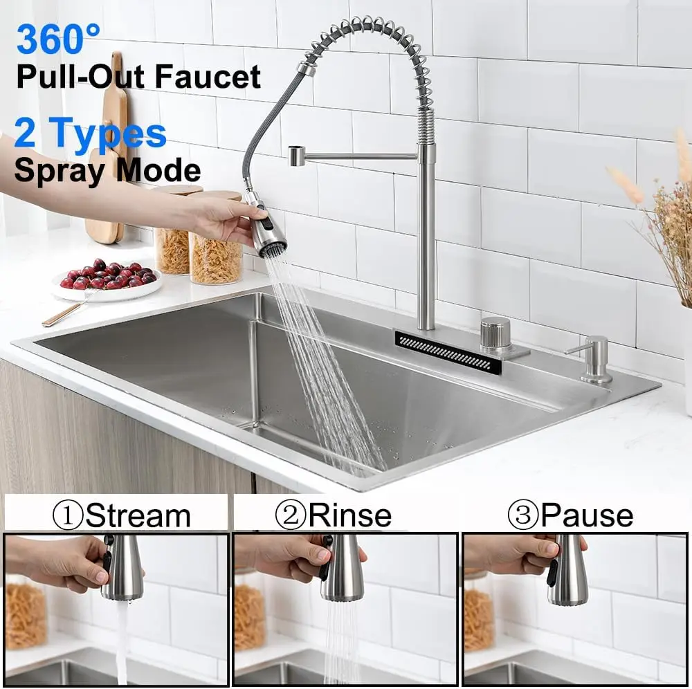 33x22 Drop in Kitchen Sink with Waterfall Faucet Single Bowl 16 Gauge Stainl 5