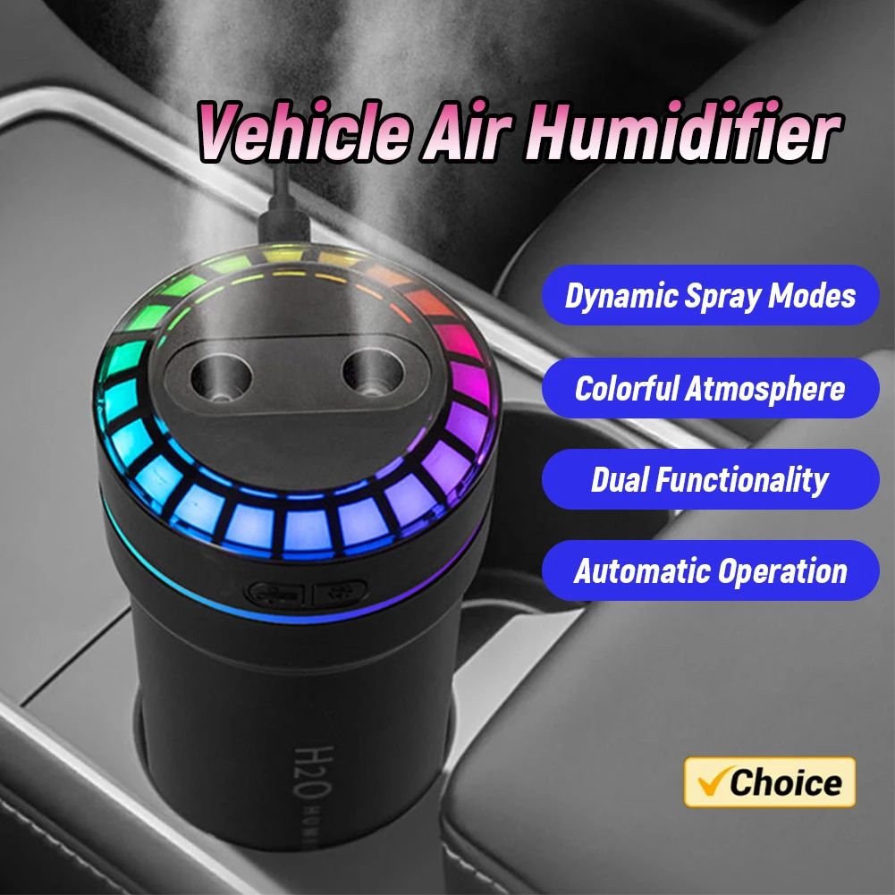 300ml Double Spray Vehicle Air Humidifier with Mood Light Music Rhythm Spray Humidifier Car Mini for Home Office Room