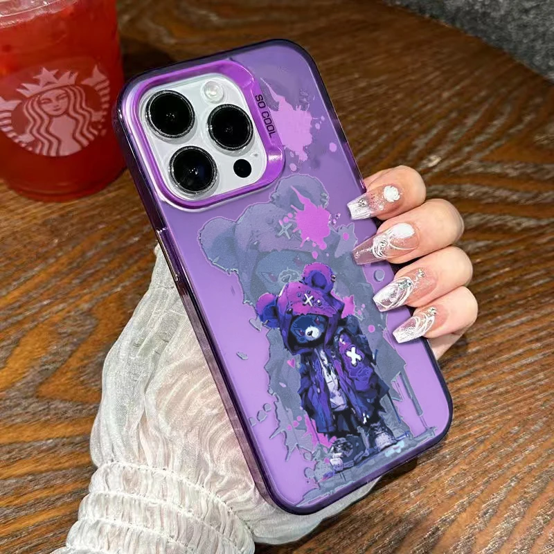 IPhone 15 Case Cool Colorful Little Bear Graffiti Soft Silicone Edge Crash Proof Phone Case iPhone 11 12 13 14 plus 15 Pro Max