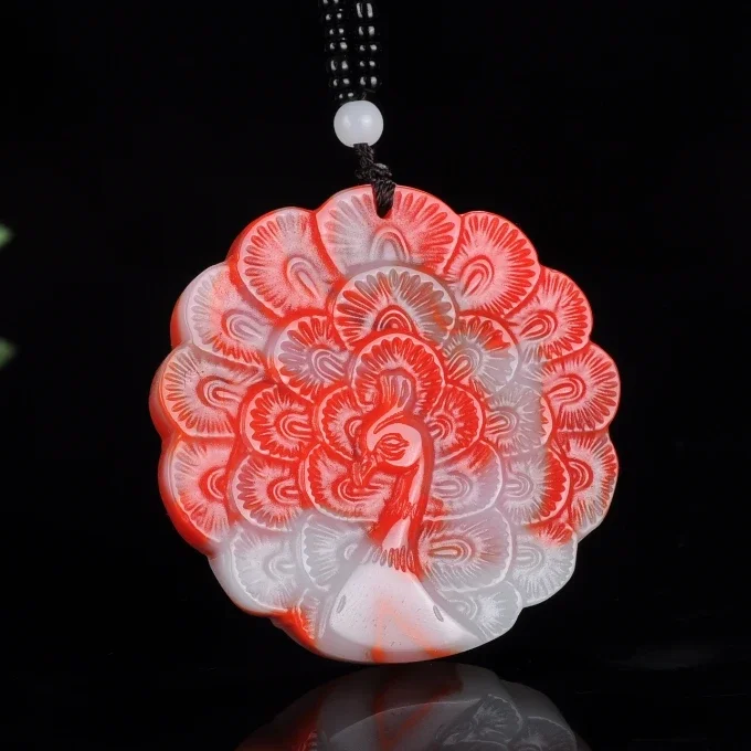 

Fashion Red White Jade Peacock Pendant Necklace Jewellery Chinese Hand-Carved Relax Healing Women Man Luck Gifts Amulet New