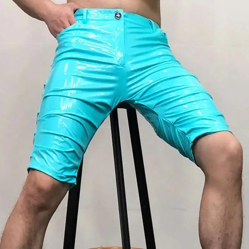 Shinny Leather Short Sexy Nightclub Multicolor Elasticity Slim Men Motorcycle Shorts Men's DS Costumes Anti-bright PU Pant