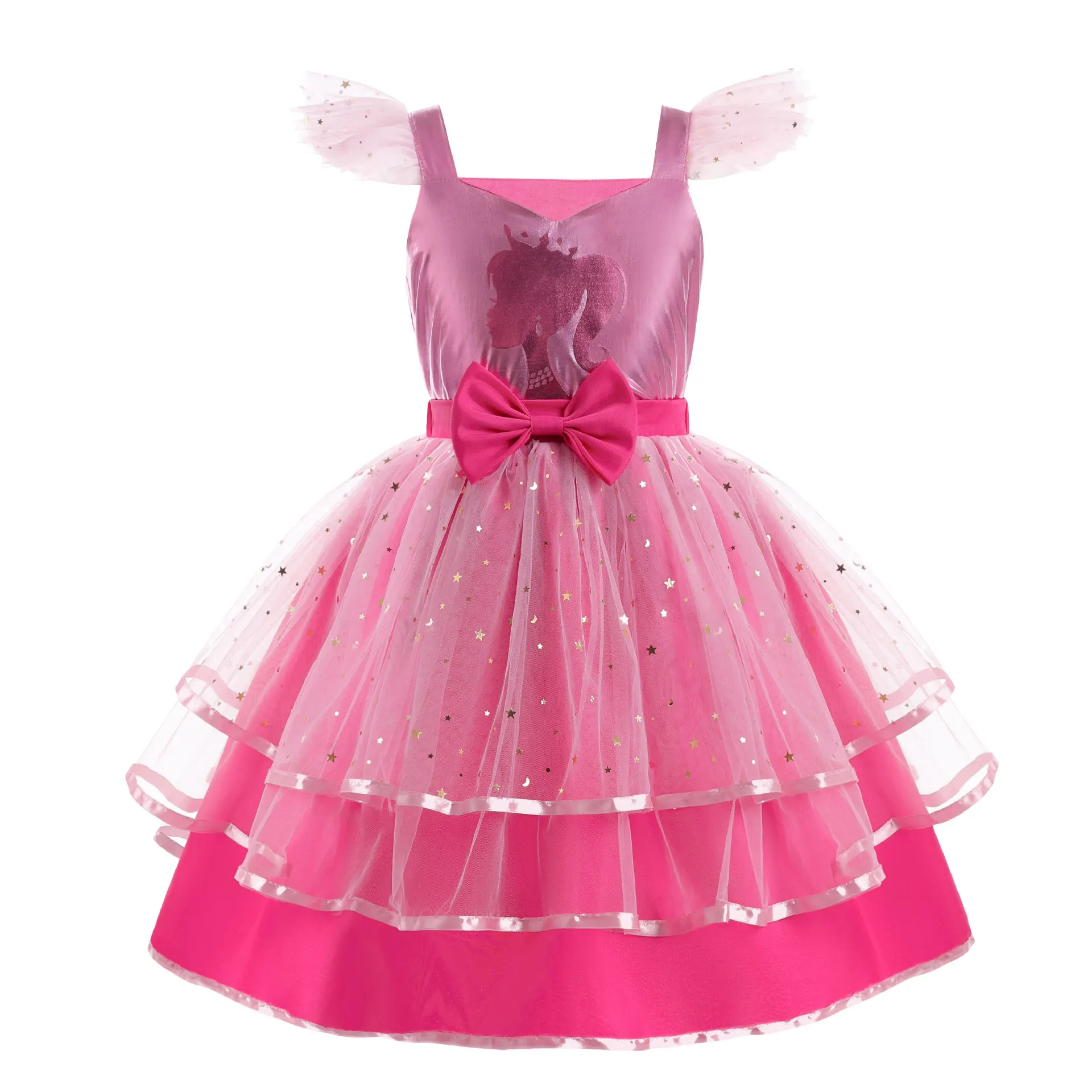 Girls Dress Girls' New Barbie Bow Print Small Flying Sleeve Cosplay Dress