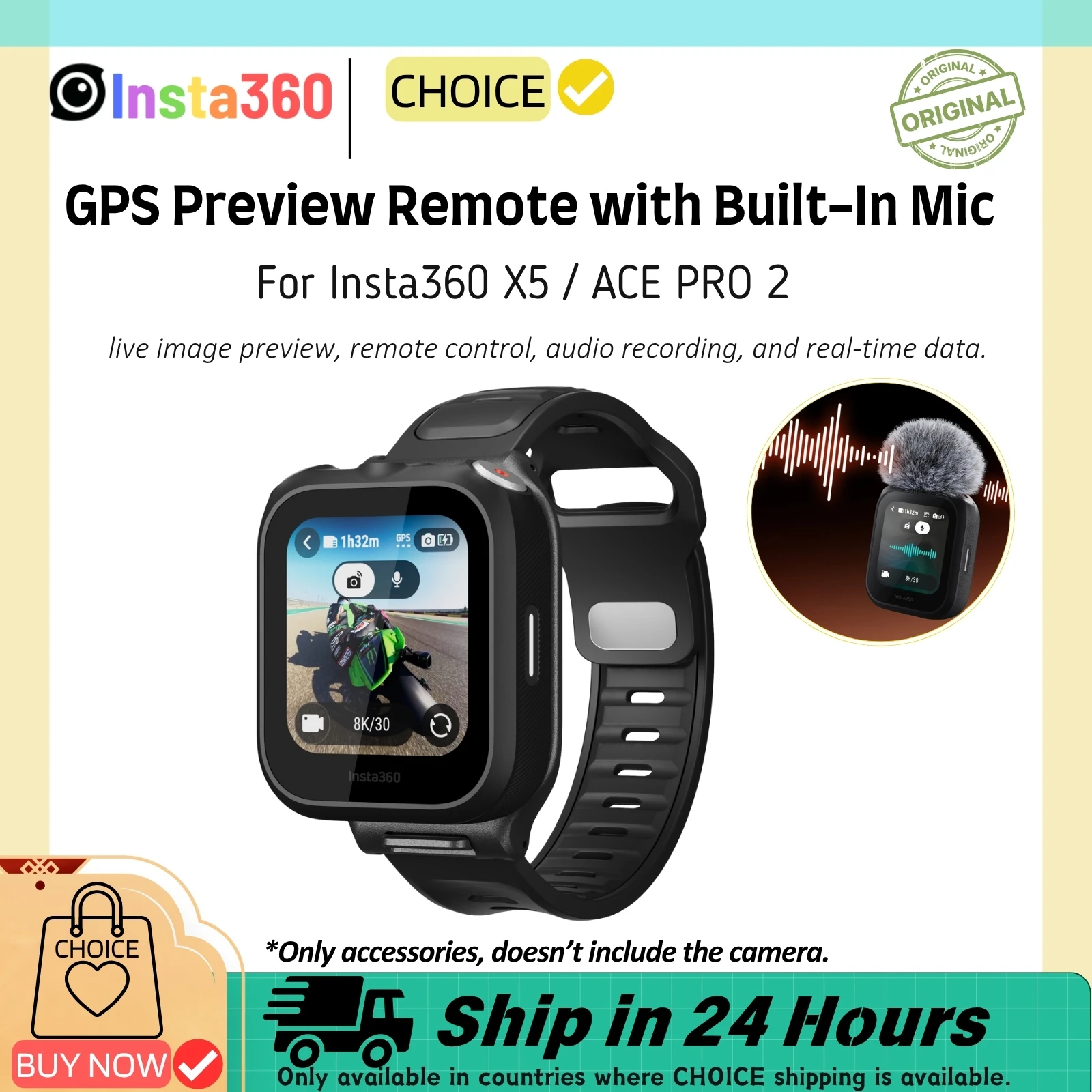 Insta360 X5 GPS Preview Remote With Built-in Mic 160m LCD