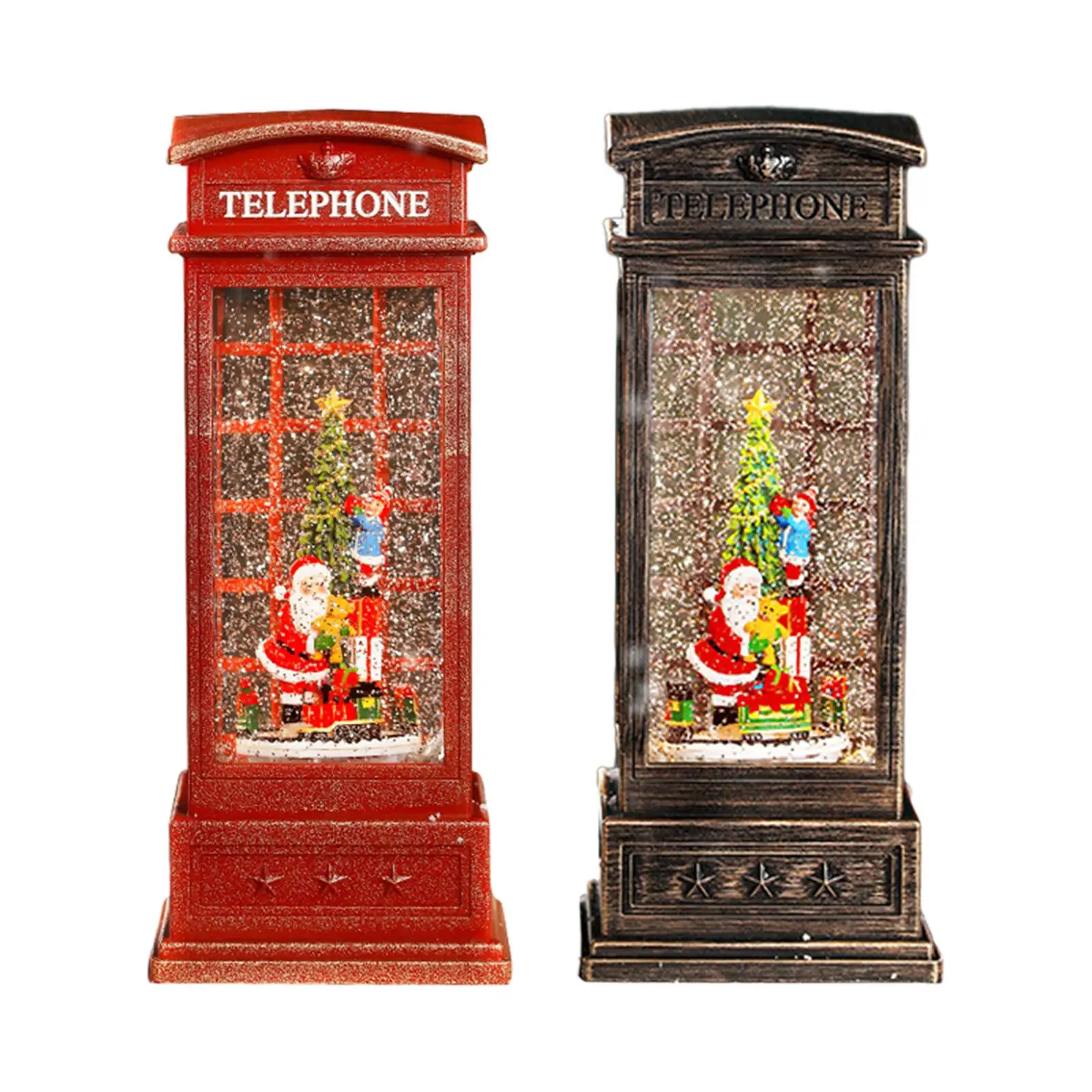 

Musical Lighted Christmas Snow Globe Singing Rotatable Phone Booth Figurine Music Box for Desk Party Living Room Office Decor