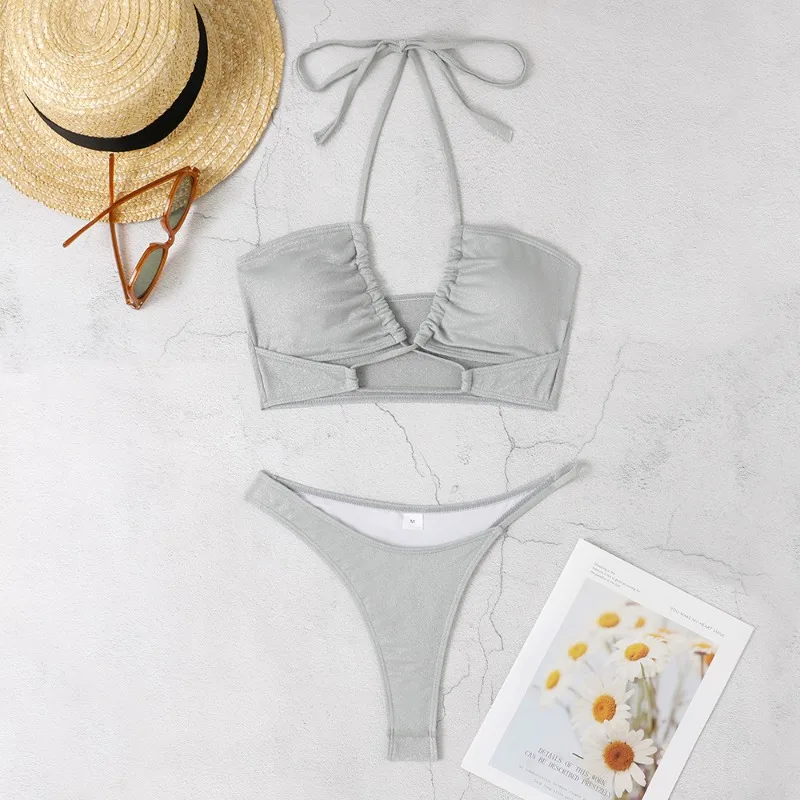 

Sexy Hollow Out Bikini Swimwear Women 2023 Summer Solid String Swimsuit Female 2 Pieces Backless Bandage Swim Bathing Suit
