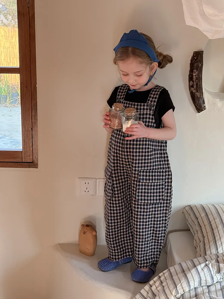 2025 Spring New Children Plaid Overalls Cotton Boys Thin Casual Pants Breathable Baby Girls Loose Strap Trousers Kids Clothes