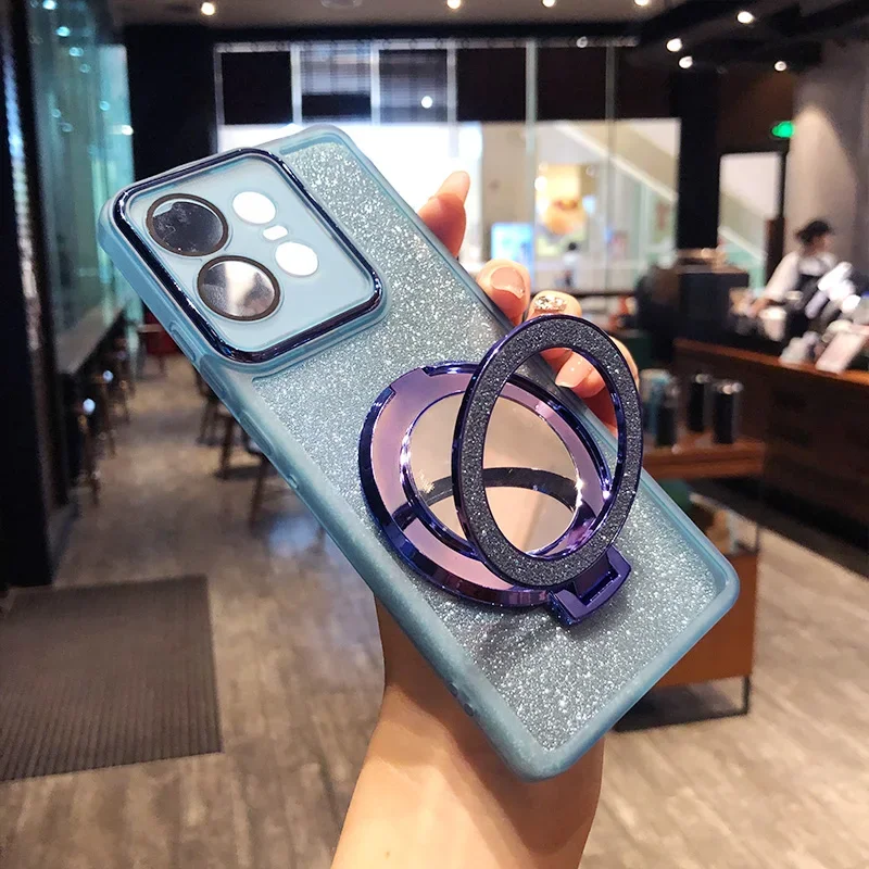 Glitter Magnetic Silicone Soft Case with Mirror Stand and Protector Cover