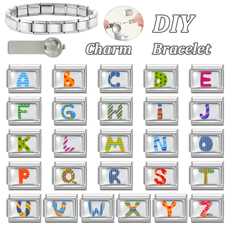 Stainless Steel Charm Bracelet with 26 Colorful Alphabet and Number Links
