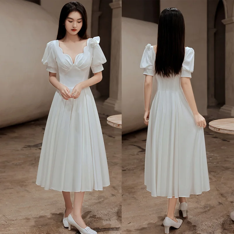 

It's Yiiya Strapless Pleat A-Line Short Sleeve Ankle-Length Formal Dress White Satin Elegant Zipper Back Dress Woman Party A2728