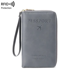 RFID Blocking Travel Wallet with Wrist Strap - Multifunctional Zipper Organizer for Passports, Tickets, and Credit Cards (Grey)