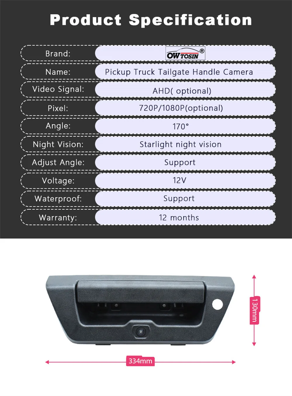 포드 F150 F-150 2015 2016 2017 2018-2020 차량용 카메라 AHD 1920x1080P 170도 ° 차량 픽업 트렁크 핸들 자동차 후방 카메라