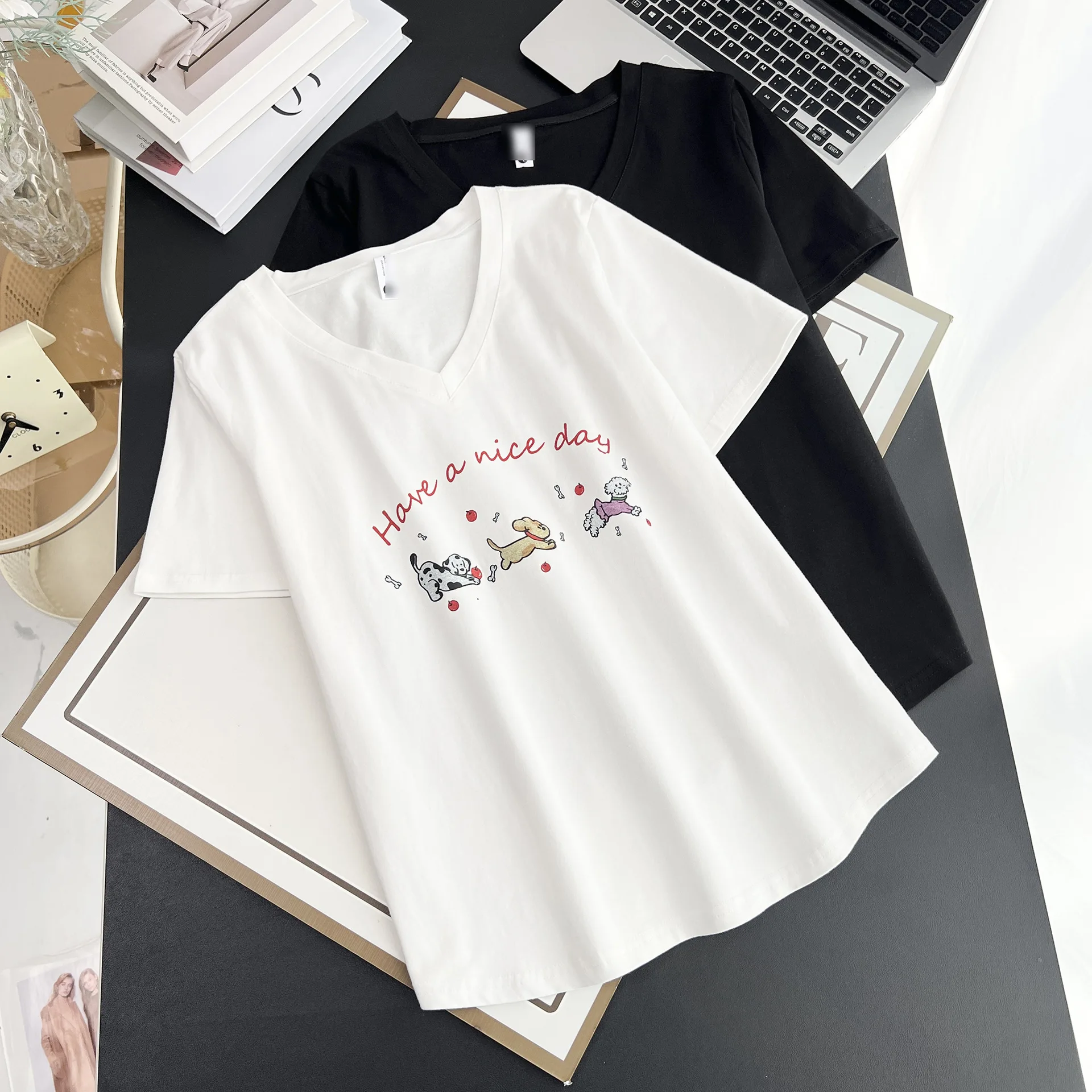 100KG Plus Size Women's Top Summer New V-neck Printed Letter Cartoon Short Sleeve Tops 6251
