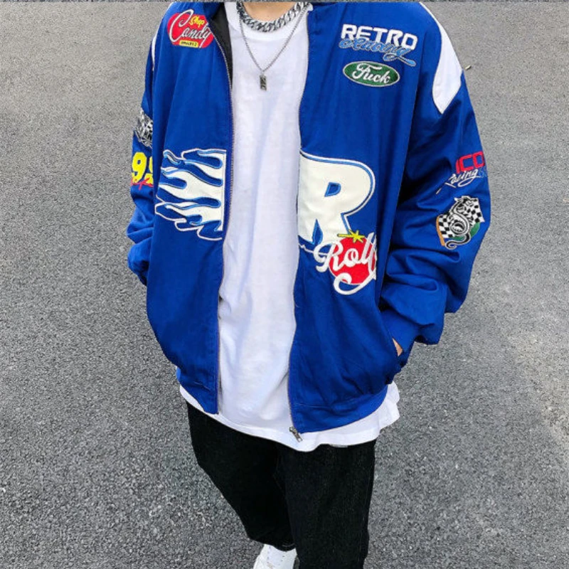 

New American Retro Embroidered Racing Jacket Men Streetwear Hip Hop Style Loose Baseball Unisex Couple Jacket coats men