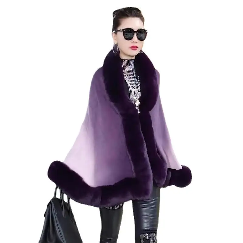 Autumn  Winter New Imitation Otter Rabbit Fur Collar Cardigan Gradient Color Cape  Women Knit  Poncho Lady Capes Khaki Cloak