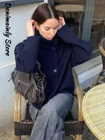 Mode court manteau en laine femmes col montant simple poitrine manches longues veste ample femme 2025 automne solide bureau dame vêtements d'extérieur 5