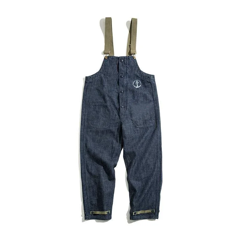 Cargo Jeans Jumpsuit Retro Navy Strap Pants Spring Autumn Washed Straight Jeans Mens Fashion Pantalones Vaqueros Hombre Size 5XL