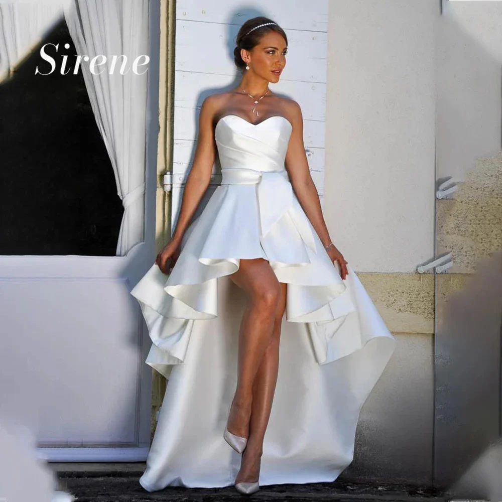 Sirene Simple Irregular High Low Strapless Stain Wedding Dresses Elegant Sweetheart Tiered A-Line Sleeveless Lace Up Bridal Gown