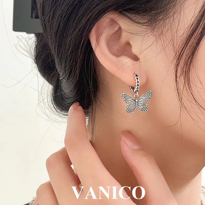 

Винтажные серьги-обручи-бабочки Стерлинговое серебро 925 пробы Готика Панк Ретро Рок Крутая бабочка Дорп Дангл Серьги для женщин Корейские модные украшения