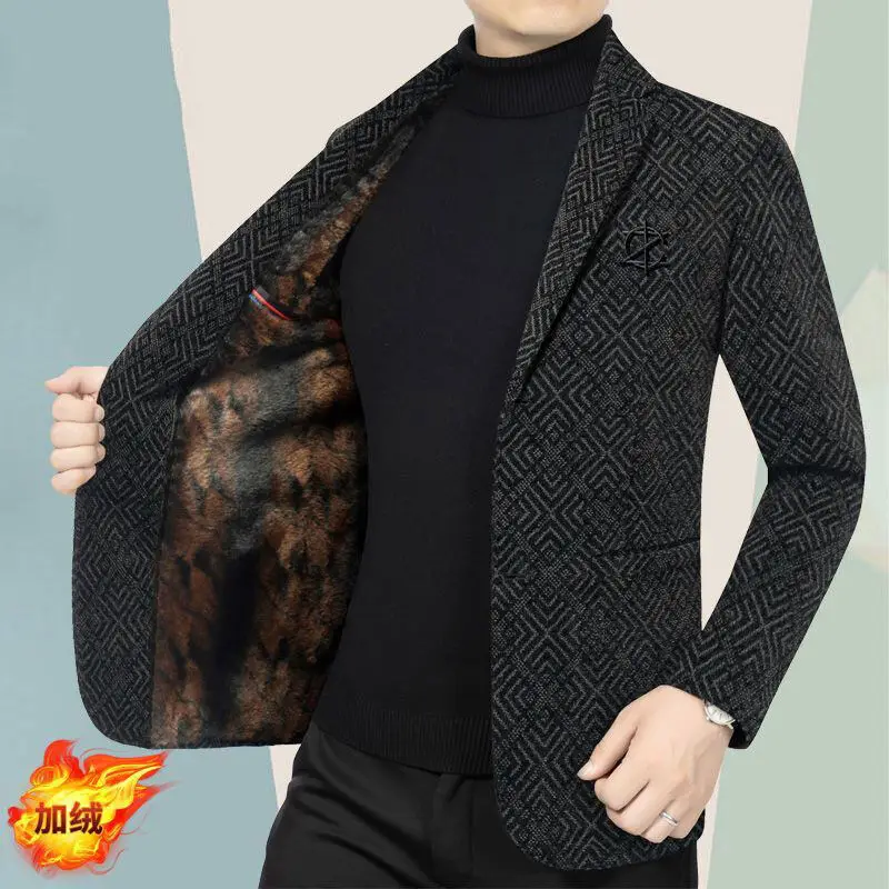 High End Winter Add Velvet Warm Suit Jacket for Men Solid Color Slim Business Casual Social Blazers Office Wedding Men Clothing