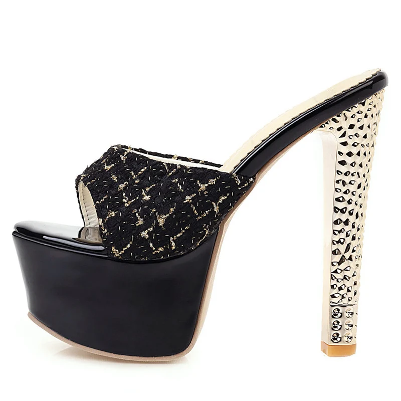 Sexy Summer Mules Shoes Woman Slippers 15cm Extreme High Heels Lady Slides Luxury Stiletto Heeled Platform Sandals Large Size 45
