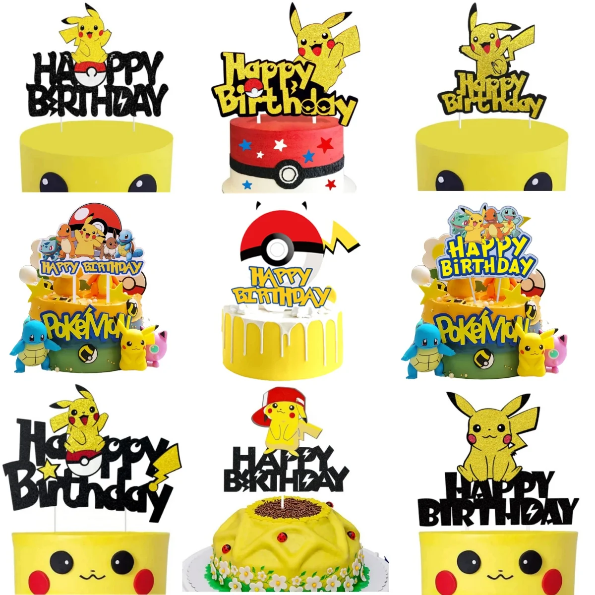 

Pokemon Happy Birthday Acrylic Cake Topper Party Decoration Pikachu Cake Decor Flag Baby Shower Baking DIY Supplies Kids Favors