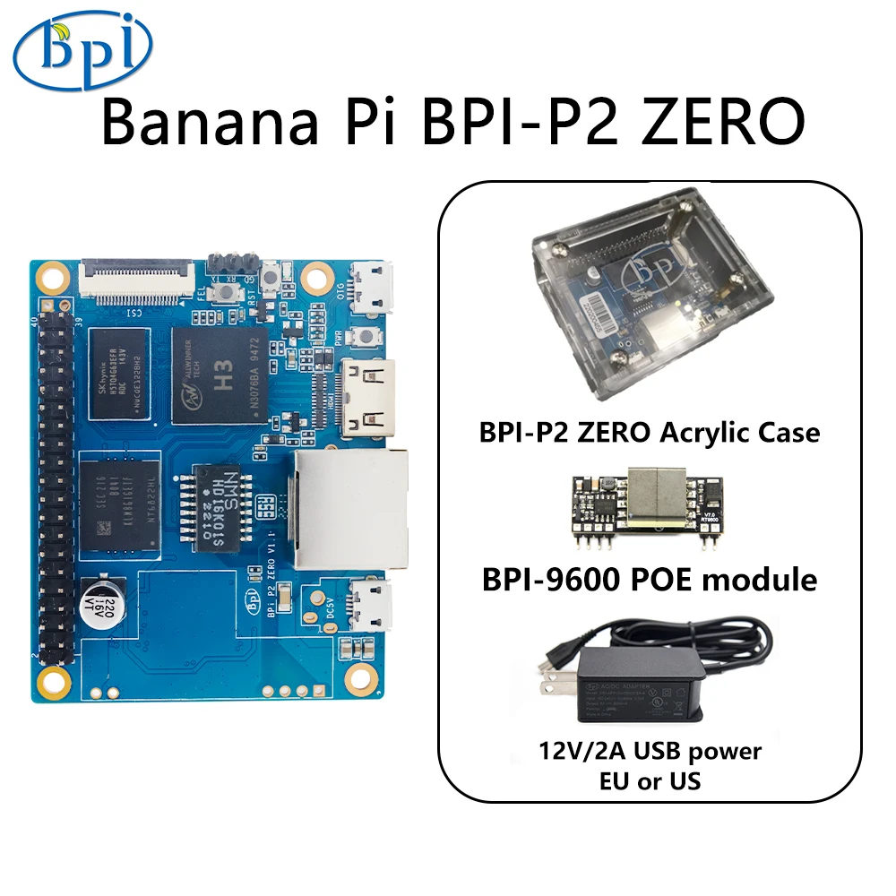 Banana Pi-BPI-P2 Zero con carcasa, Power POE, Allwinner H3, Quad-core, Cortex-A7, 512M, DDR3, 8G, eMMC, compatible con PoE Run OS, Android, Linux