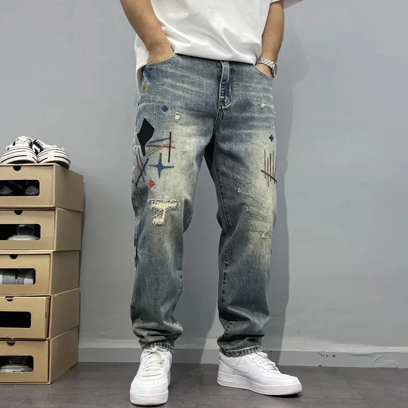 Heavyweight Washed Ripped Denim Men's Fashion Patchwork High-End Embroidery Print Loose Conical Straight Leg Jeans