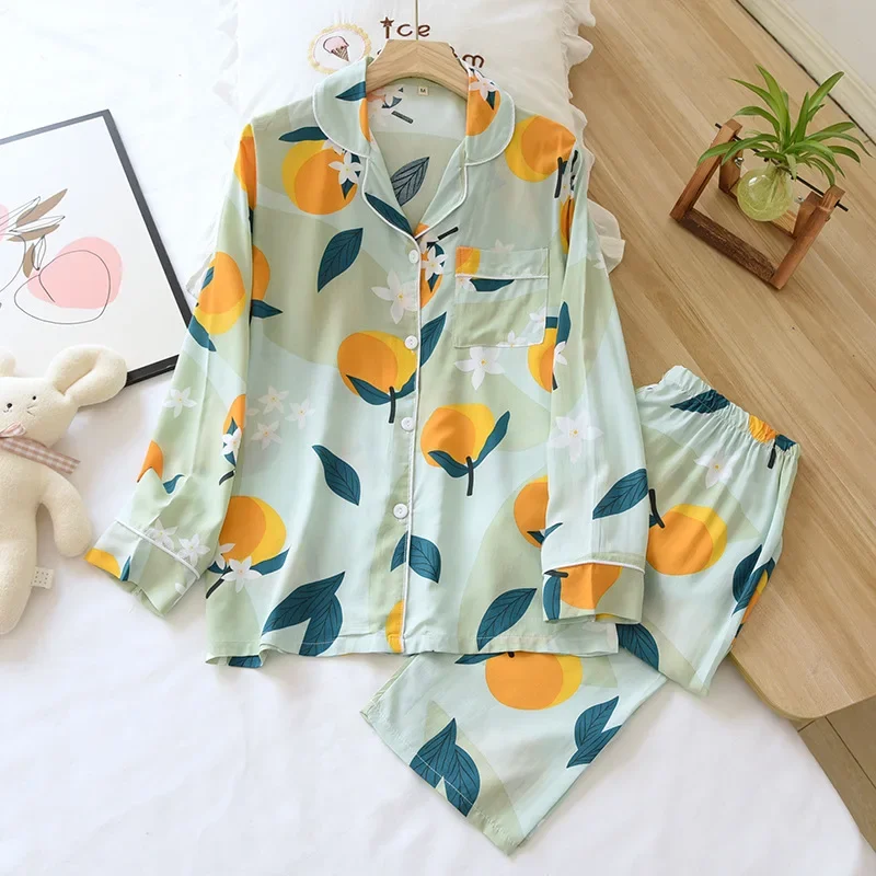 Spring and summer new 100% viscose pajamas two-piece long-sleeved trousers women's flowers comfortable plus size homewear suit