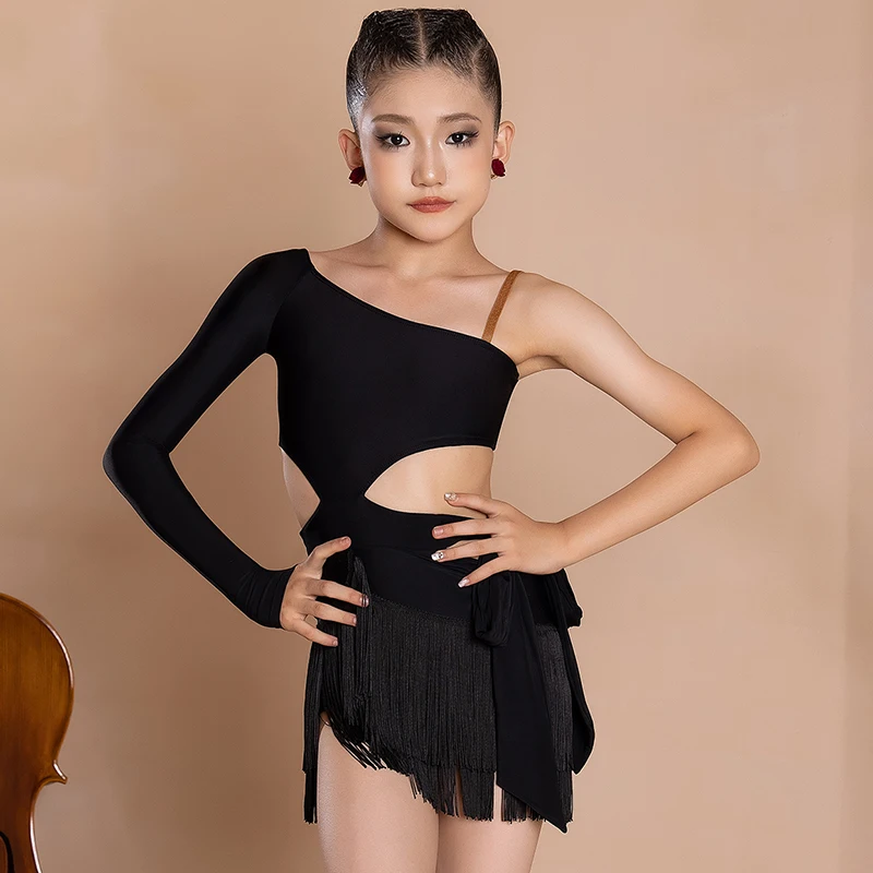 New Kids Latin Dance Dress Girls Irregular Fluorescent Yellow Black Tassel Dress Cha Cha Rumba Samba Competition Dress BL11329