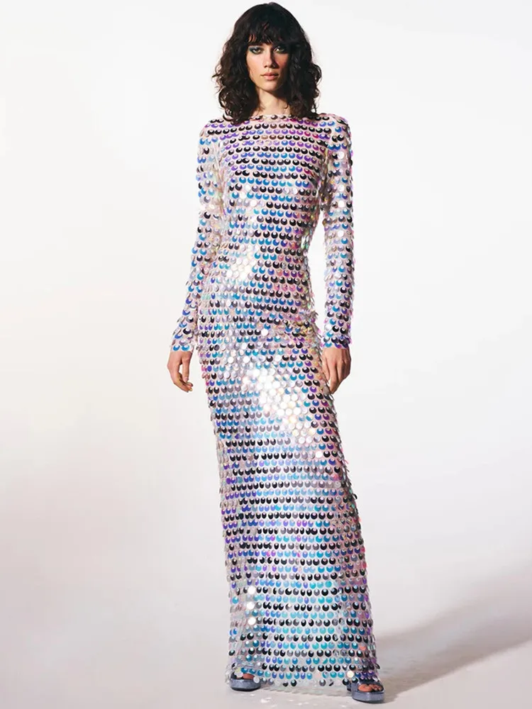 

Runway Fashion Women Luxury Prom Gowns Long Sleeve O Neck Backless Bodycon Colorful Sequined Glitter Sparky Birthday Party Dress