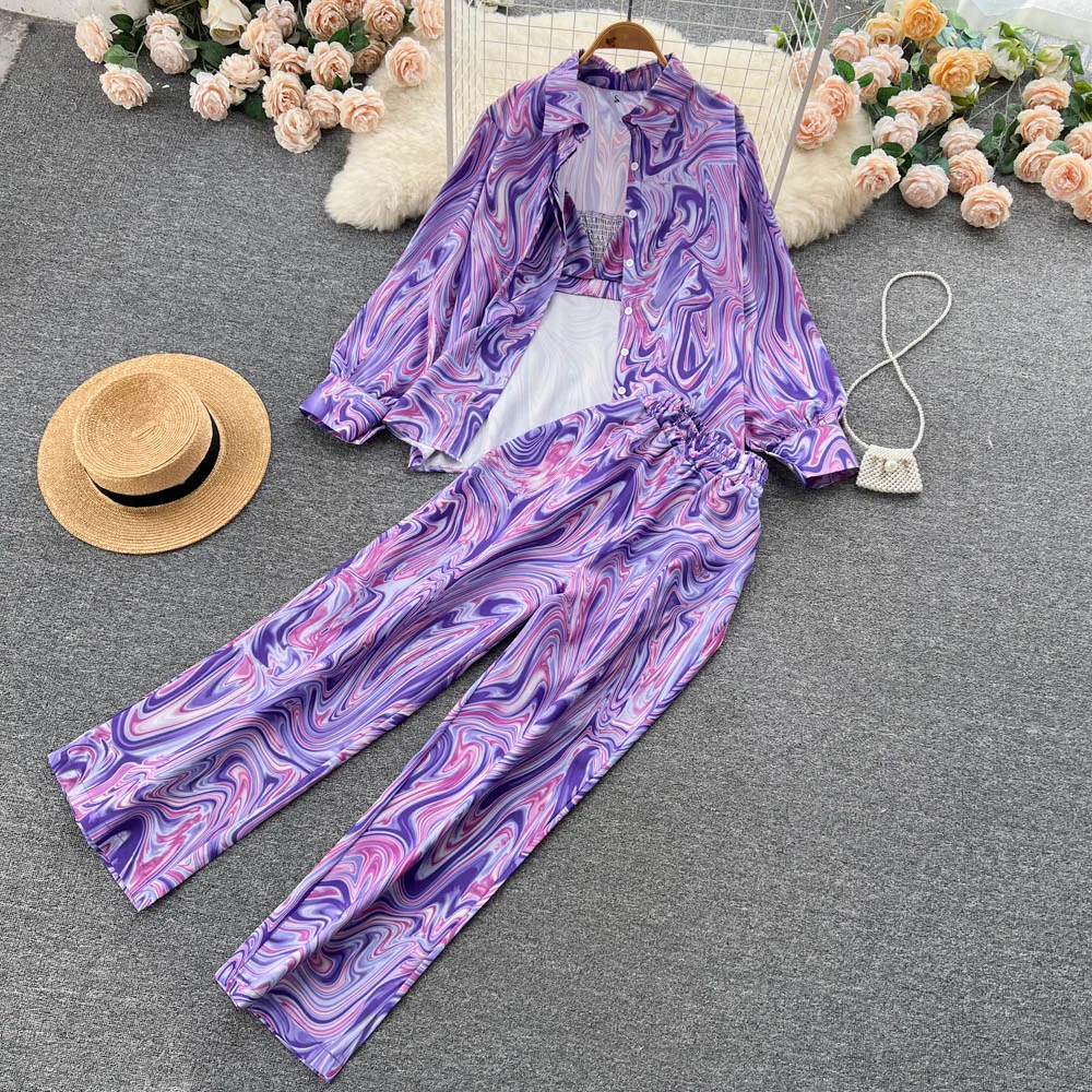 

Autumn Ethnic Wind Small Camisole Undershirt Printed Long-sleeved Shirt High Waist Wide Leg Long Pants Three Pieces Set