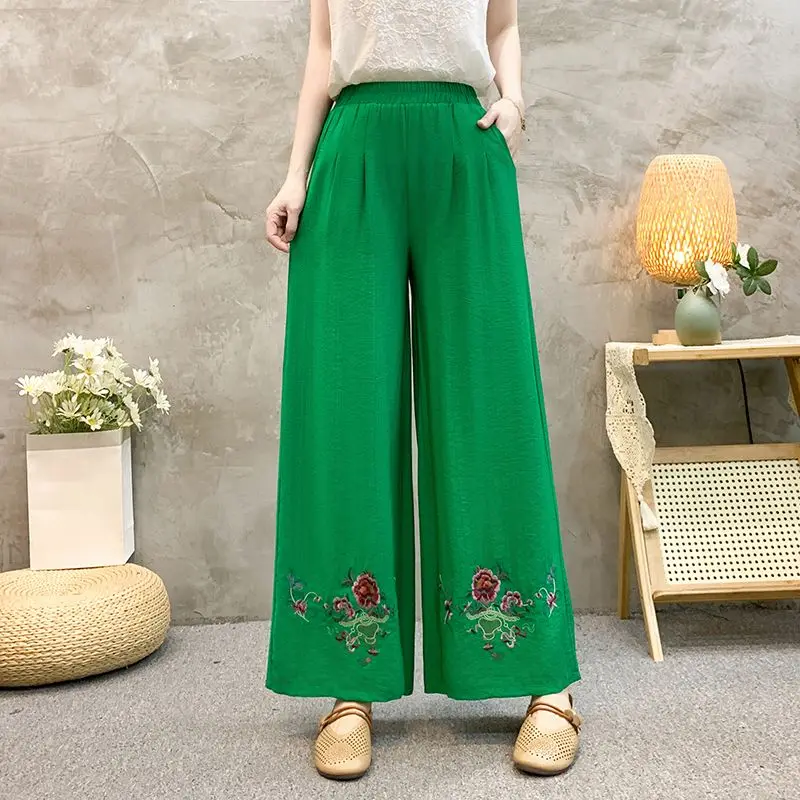 2024 Summer New Chinese Style Retro Folk Elasticized High-waisted Embroidered Ruched Loose Women's Wide Leg Cotton Linen Pants
