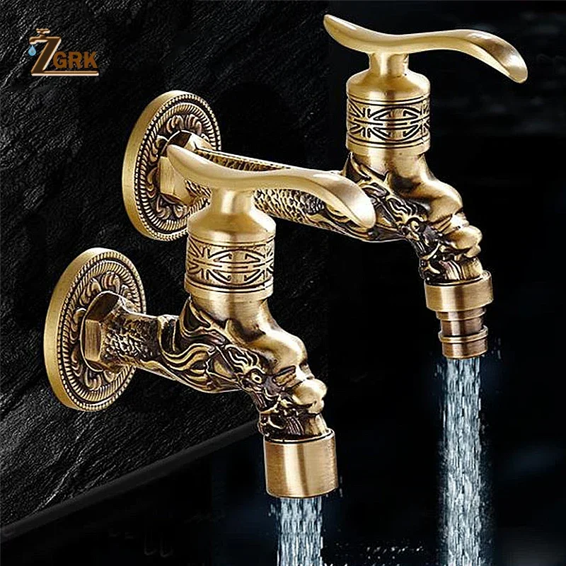 ZGRK Carved Wall Mount Bibcock Brass Retro Tap Decorative Outdoor Garden Taps Washing Machine Mop Luxury Antique WC Faucet garden bibcocks bathroom faucet washing machine faucet water tap faucet