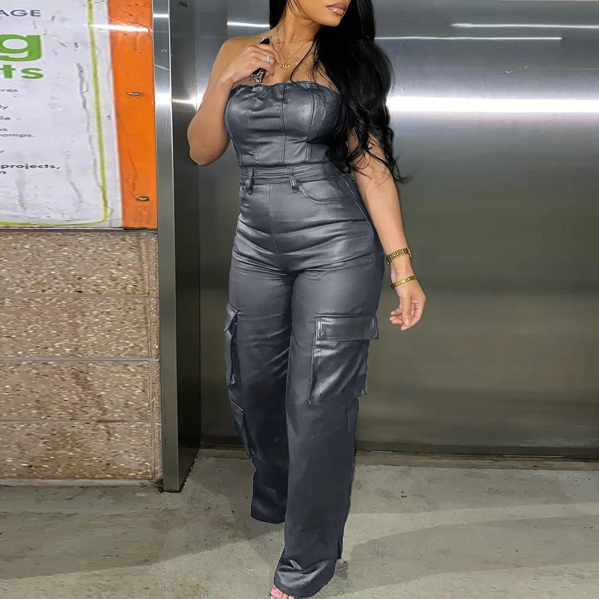 Women's Sexy Off Shoulder Strapless Tight High Waist PU Leather Jumpsuit 2024 New Summer Women Fashion Bandeau Skinny Jumpsuits