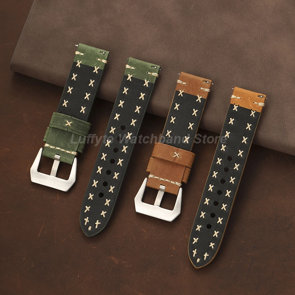 Vintage Thick Genuine Leather Watch Strap Bracelet with Pin Buckle