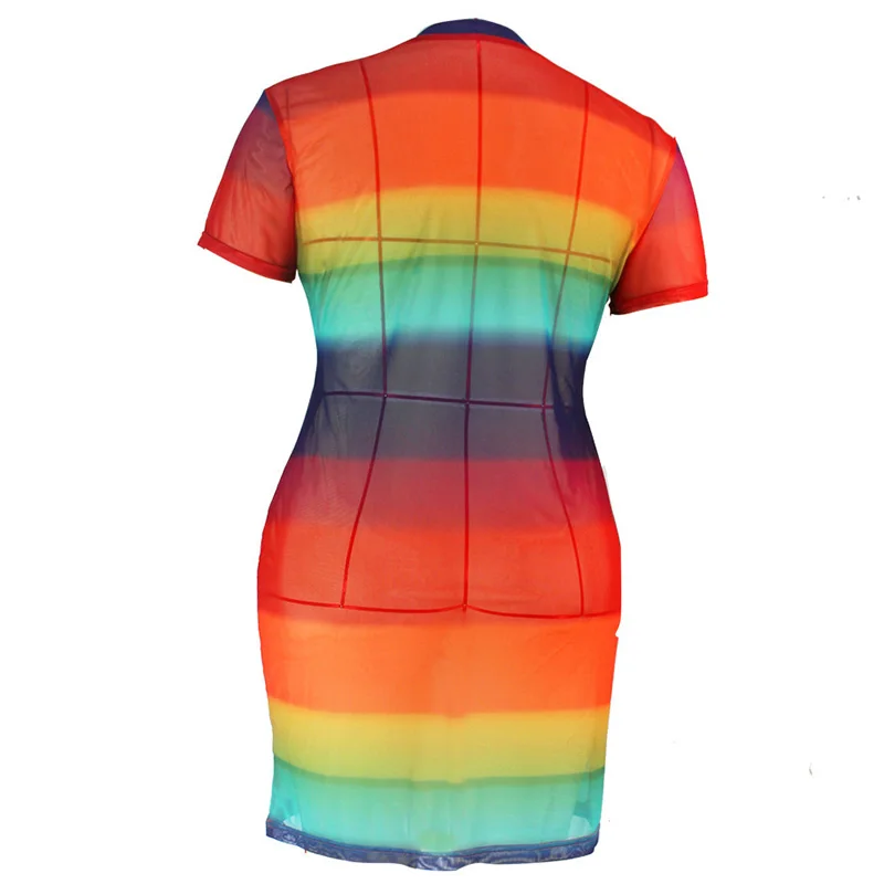 Spring Summer Clothes for Women Sexy Perspective Round Neck Rainbow Striped Printing Short Sleeve Club Plus Size Midi Dresses
