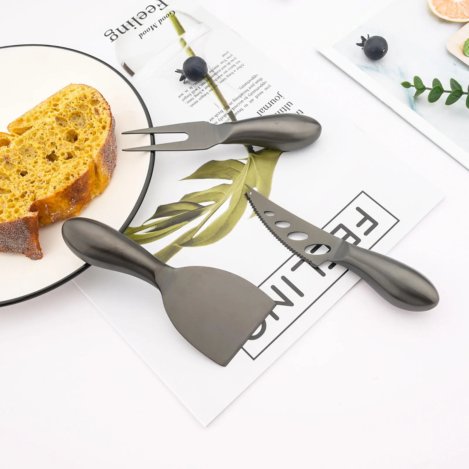 Black 3-6Pcs Food Grade Cheese Knife Tool Set Stainless Steel Handle Cheese Knife Set for Pizza Kitchen Accessories