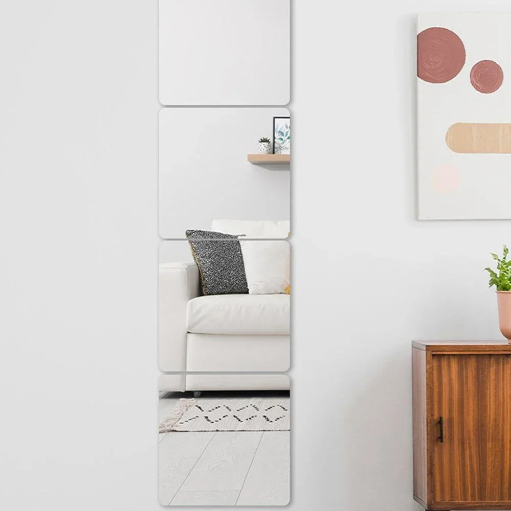4Pcs Acrylic Mirrors Set Self-Adhesive Mirror Tiles 2mm Thick Flexible Unbreakable Mirror Stickers Reflective Square Wall acrylic mirror wall stickers