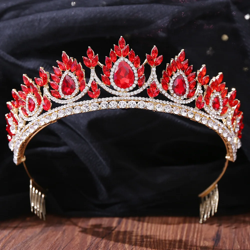 

Baroque Fashion Green Red Blue Pink White Crystal Tiara Crown Headband Bridal Diadem Crown for Women Wedding Hair Jewelry