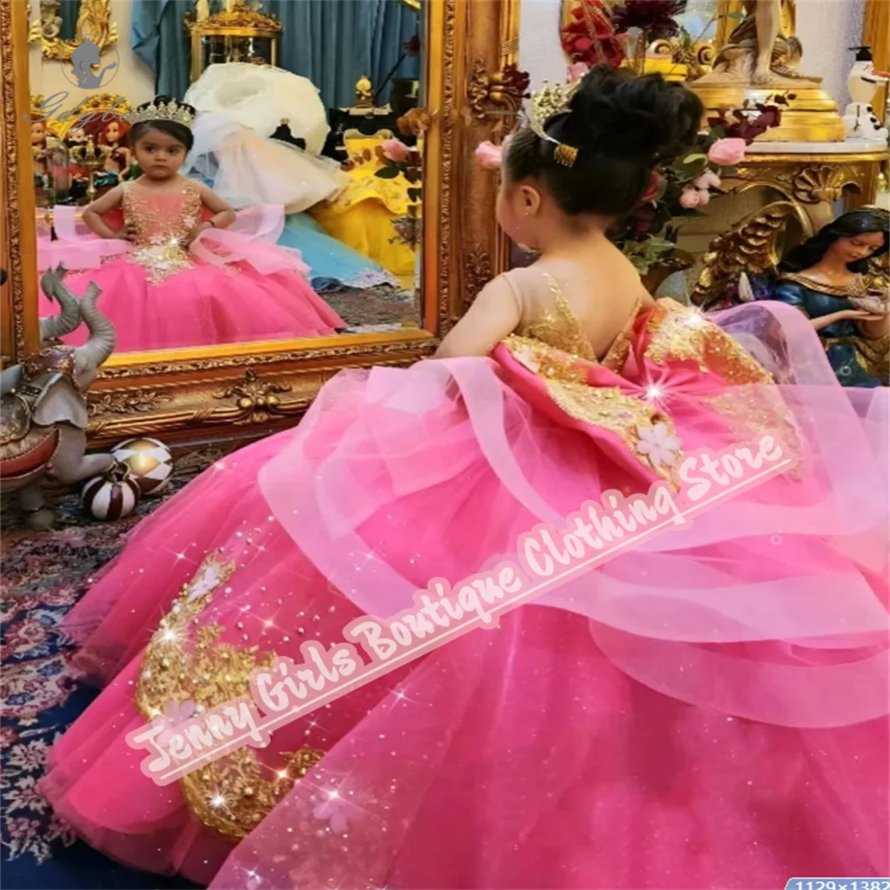 Rose Pink Girl Party Long Dresses Gold Appliqued Wedding 2025 Customized Birthday Pageant Feast Events Dress 3
