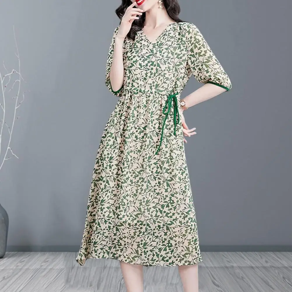 

V-neck Dress Floral A-line Midi Dresses with V-neck Drawstring Waist for Streetwear Feminine Flowy Fashionable Summer Dress