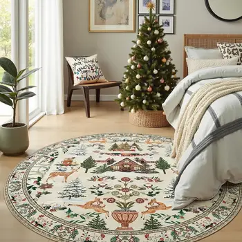 Round Christmas Tree & Cabin Holiday Rug 3