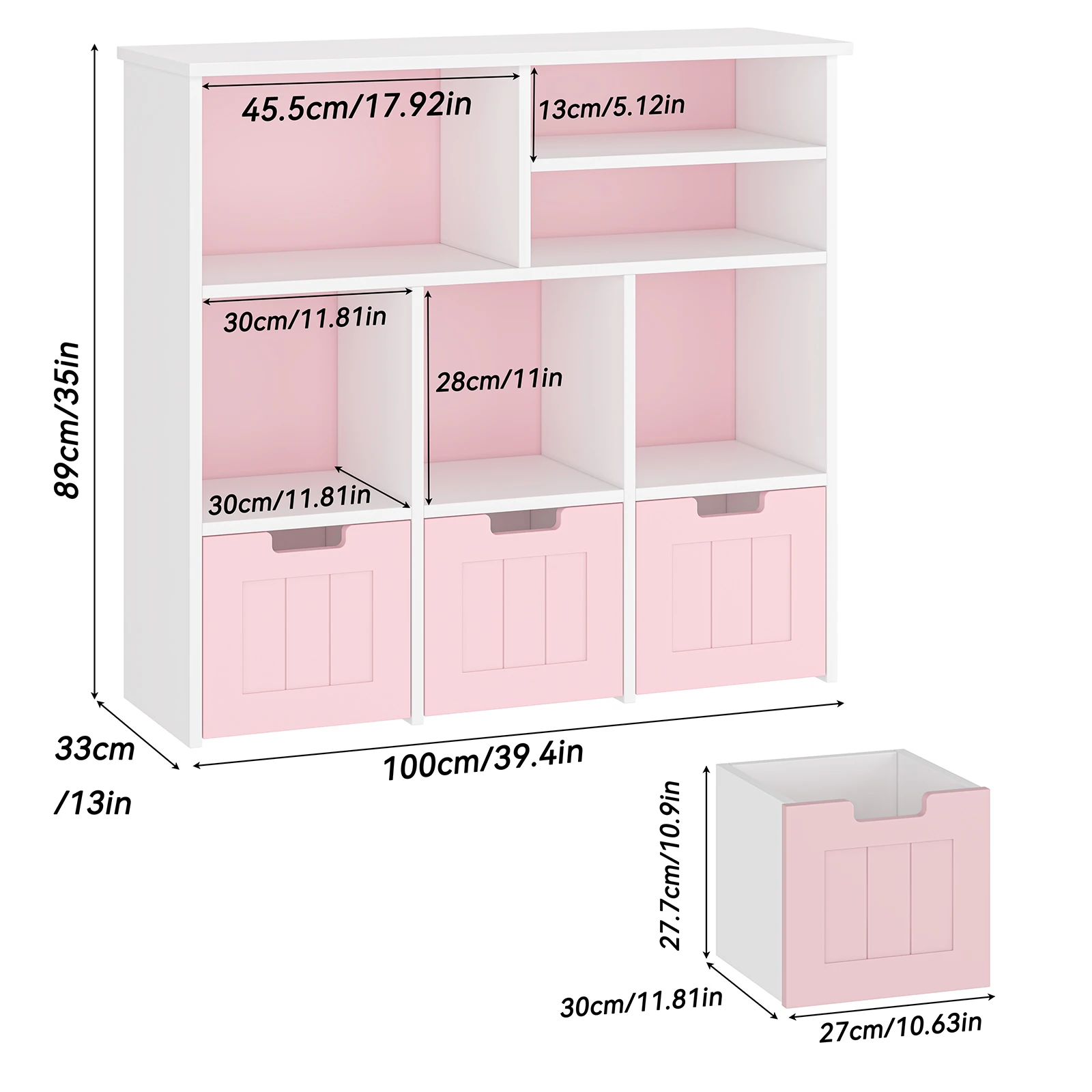 Toy Storage Cabinet with 3 Movable Drawers & 6 Cubes, Bookshelf with Hidden Wheels, Kids Bookcase Toy Storage Organizer 6