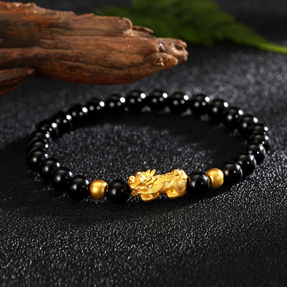 

Real 999 Pure 24K Yellow Gold 3D Coin Pixiu Gold Bead Black Beads Link Bracelet Best Gift