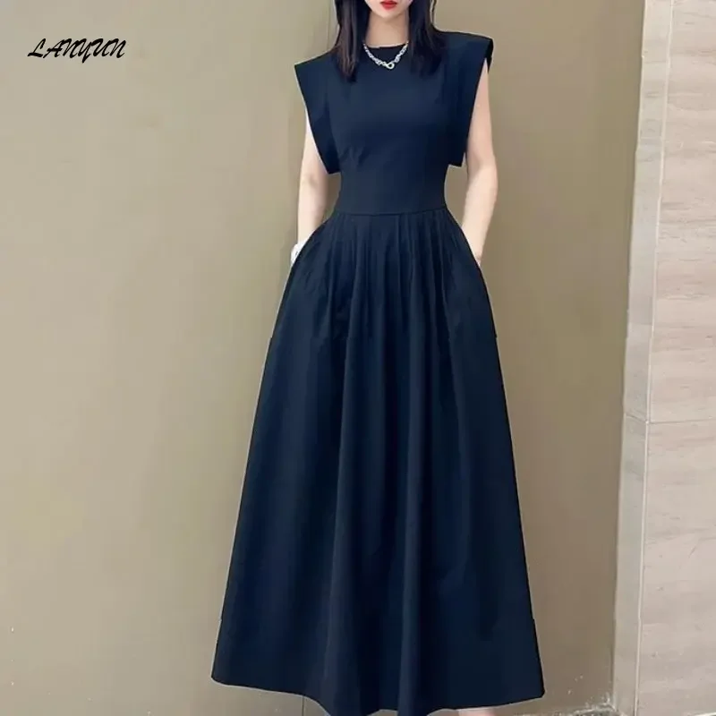 

Summer For Women French Elegant Sleeveless Waist Ladies Black Dress Fashion Solid Date Party Dresses stylish