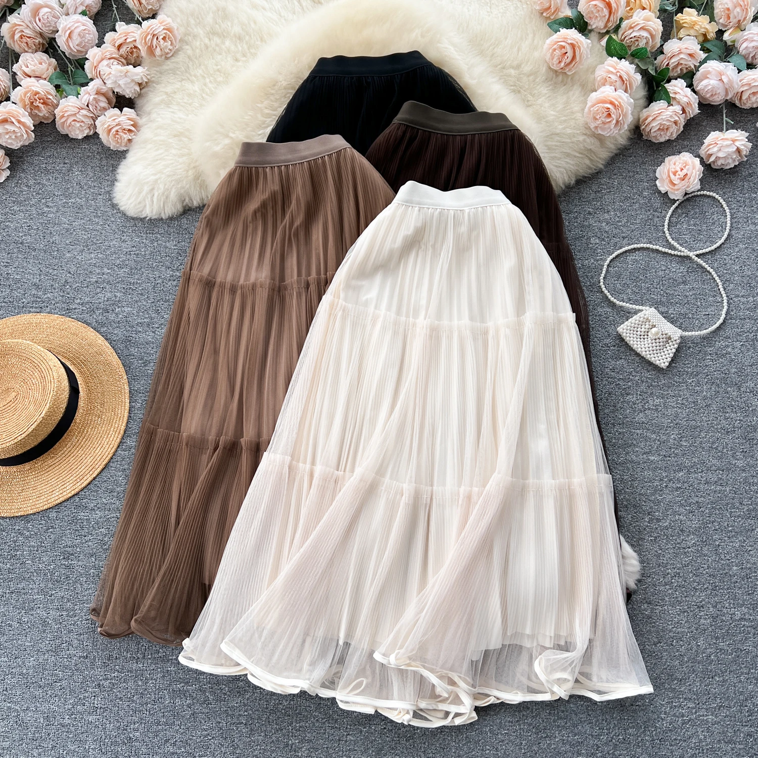 

Clothland Women Elegant Mesh Skirt Elastic Waist A Line Pleated Basic Female Casual Chic Midi Skirts Mujer BA252